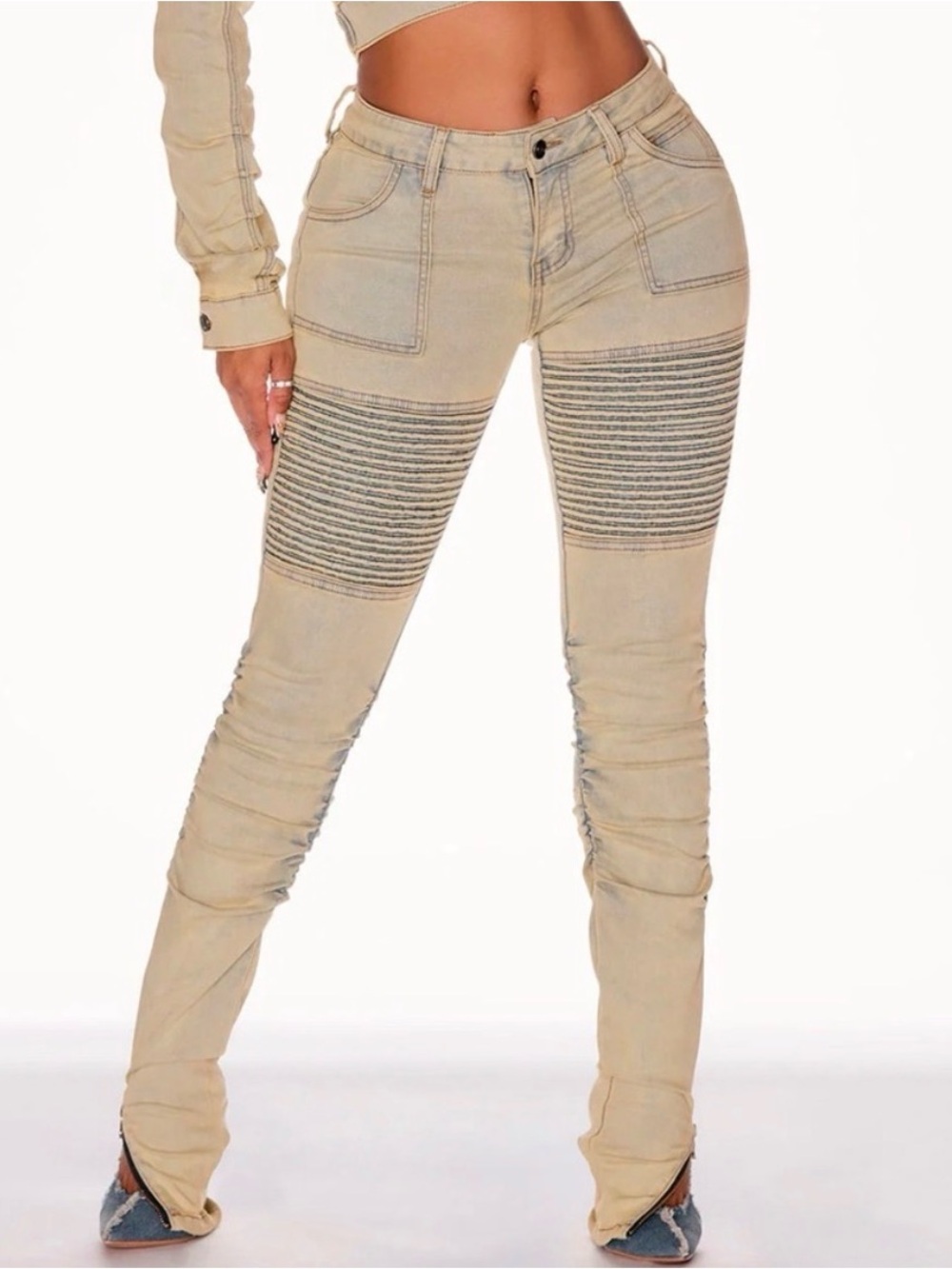 High-Rise Beige Moto Skinny Jeans - Women